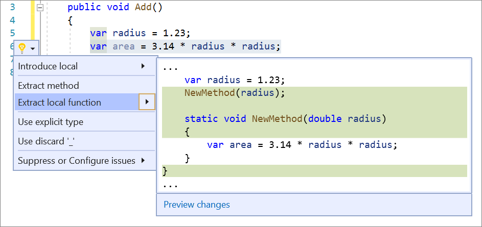Schermopname van het Visual Studio-codevenster met een regel gemarkeerd. Het menu Snelle acties en herstructureringen is geopend en de lokale functie extraheren is geselecteerd.