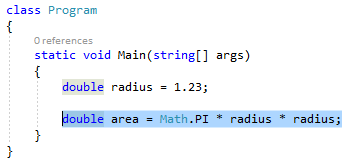 Schermopname van C#-code voor de klasse Program. In de functie Main van die klasse is een regel code gemarkeerd.