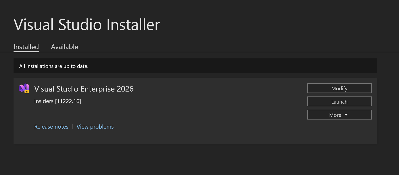 Schermopname van een lijst met Visual Studio-installaties in Visual Studio Installer.