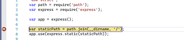 Schermopname van het Visual Studio Code-venster met JavaScript-code. Een rode stip in de linkergoot met een gele pijl geeft aan dat de uitvoering van code wordt onderbroken.