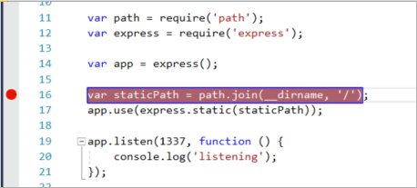 Schermopname van het Visual Studio Code-venster met JavaScript-code. Een rode stip in de linkergoot geeft aan dat een onderbrekingspunt is ingesteld.