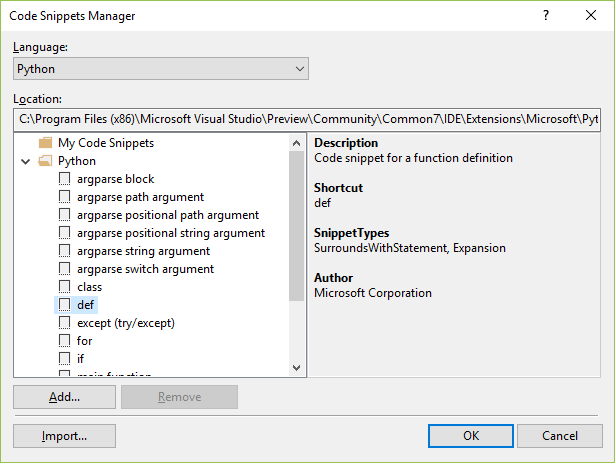 Schermopname van codefragmentenbeheer in Visual Studio.