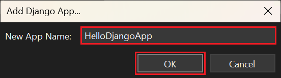 Schermopname van het invoeren van een naam voor de nieuwe Django-app in Visual Studio.