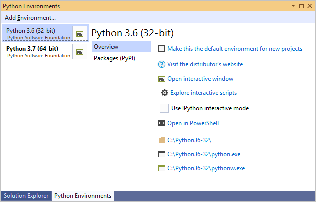 venster Python-omgevingen uitgevouwen