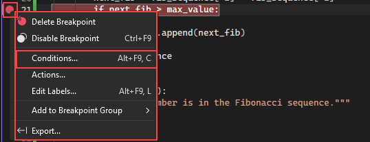 schermopname waarin wordt getoond hoe u de optie selecteert voor het configureren van voorwaarden voor een onderbrekingspunt in Visual Studio.