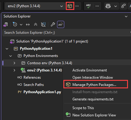 Schermafbeelding waarin wordt getoond hoe u toegang krijgt tot de optie Python-pakketten beheren voor een omgeving in Solution Explorer.