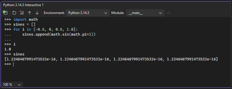 Schermopname van de uitgevouwen weergave van het interactieve Python-venster in Visual Studio.