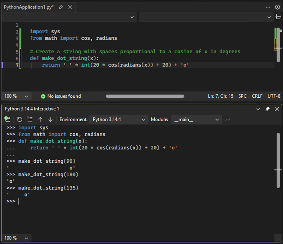 Schermopname van het uitvoeren van een test van de functiecode die is verzonden naar het interactieve venster in Visual Studio.