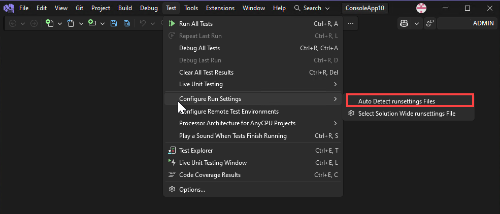 Schermopname van het menu automatisch detecteren van het runsettings-bestand in Visual Studio.