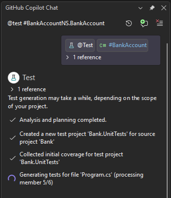 Schermopname van copilot die de testgeneratie start.