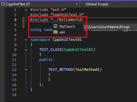Schermopname toont Solution Explorer met een #include-instructie met IntelliSense die een headerbestand markeert in Visual Studio 2022.
