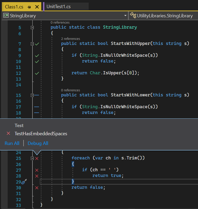 Screenshot die codedekking in Visual Studio laat zien.
