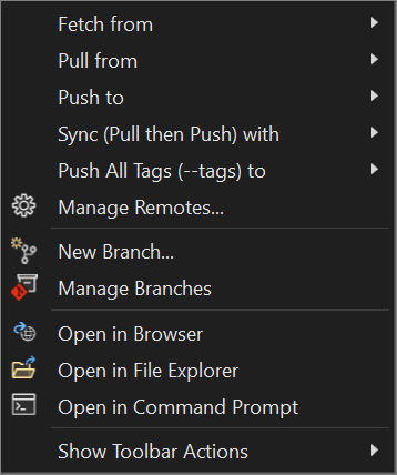 Het contextmenu dat verschijnt nadat u de ellipsenknop hebt geselecteerd in het venster Git-wijzigingen in Visual Studio 2022.