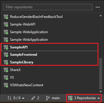 Schermopname die laat zien hoe u meerdere opslagplaatsen kunt activeren vanuit een map in Visual Studio.