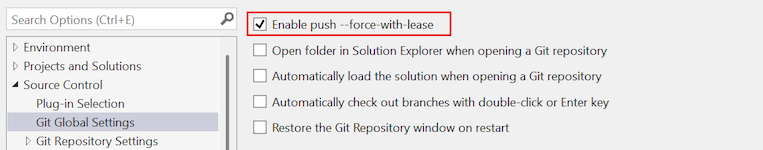 Schermopname van de optie 'Push --force-with-lease inschakelen' in het dialoogvenster Opties.