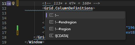 Schermopname van de XAML-code-editor met het contextmenu voor opmerkingen toevoegen door te rechtsklikken.