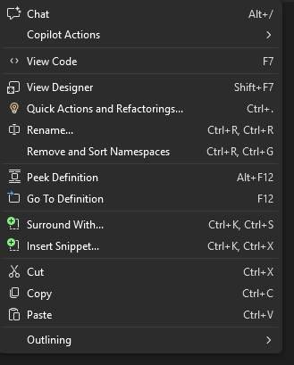 Schermopname van het contextmenu van de XAML-code-editor in Visual Studio.