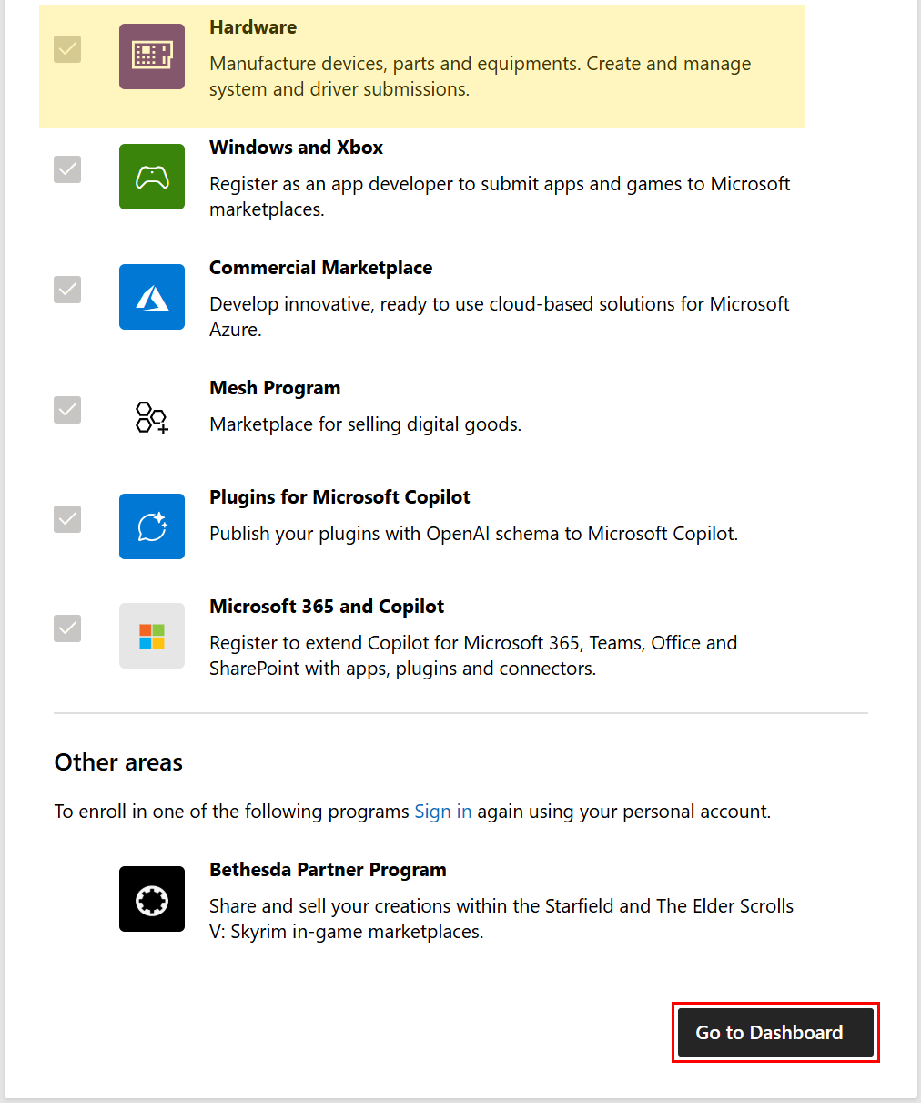 Schermopname van de pagina 'Deelnemen aan programma's' in het Microsoft Partnercentrum.