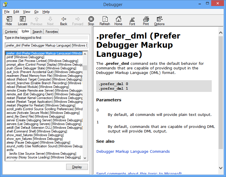 Schermopname van de debugger help-toepassing, waarin hulp wordt getoond voor de .prefer-dml opdracht.