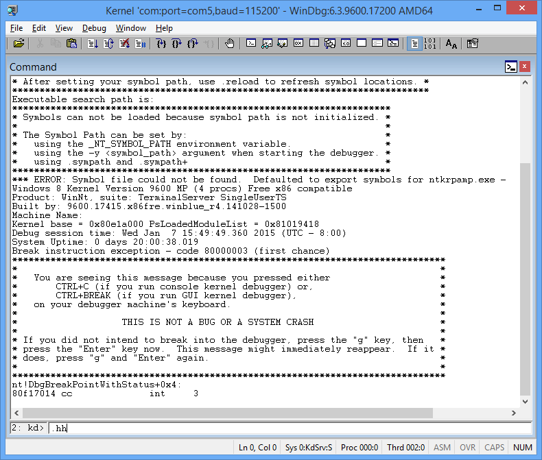 Schermopname van Windows Debugger met opdrachtvensteruitvoer van een live kernelverbinding.