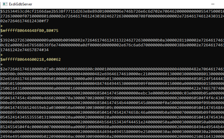 ExdiGdbServer-tekstvenster met lange hexadecimale getallen.