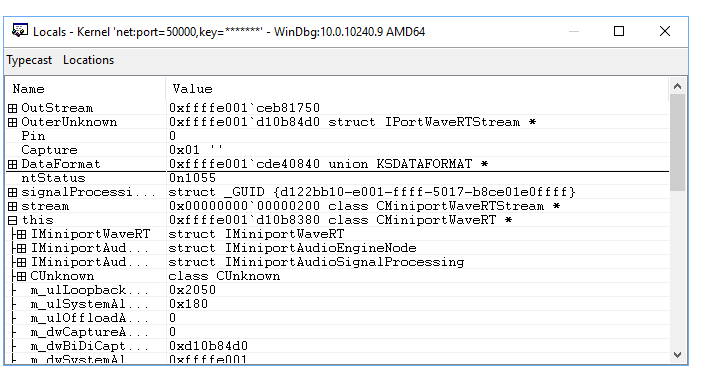 WinDbg-interface met voorbeeldcode lokale variabelen en opdrachtvensters.