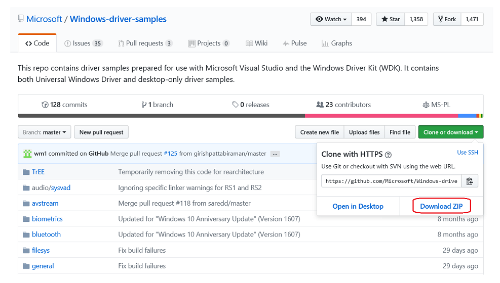 Schermopname van de GitHub-opslagplaats met de algemene map en de knop ZIP downloaden.