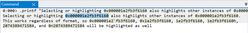 Schermopname van het WinDbg Command-venster met meerdere getalnotaties gemarkeerd.