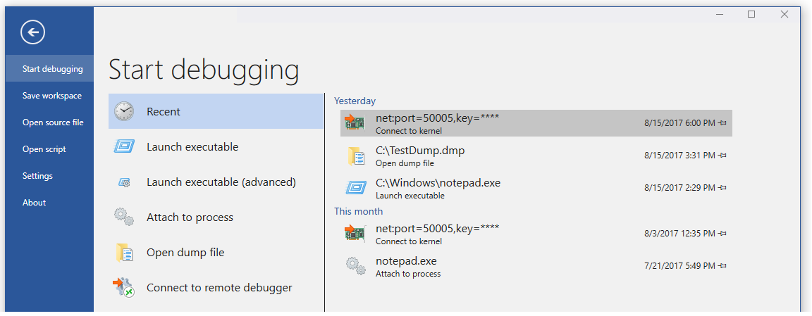 Schermopname van het startscherm voor foutopsporing in WinDbg.