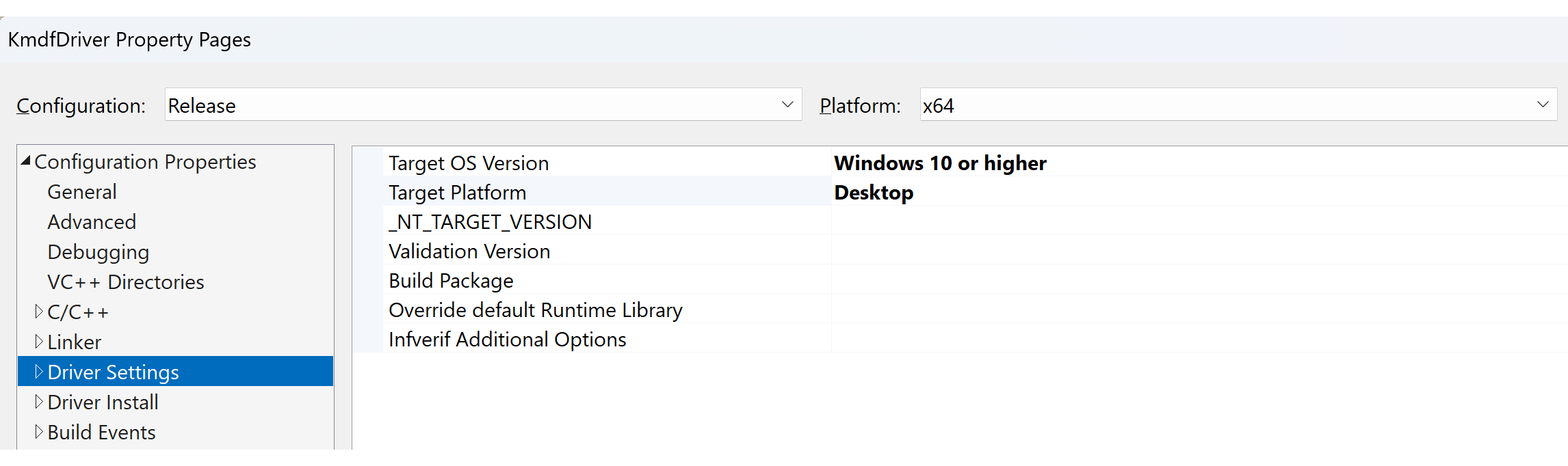 Stuurprogramma-instellingen voor Visual Studio KMDF.