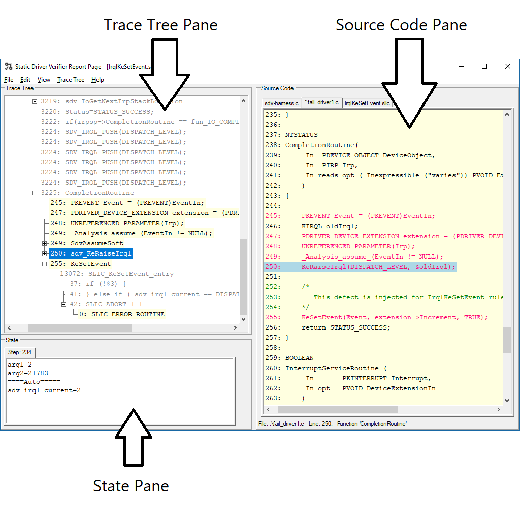 Schermopname van het venster Defect Viewer met de deelvensters Trace-Tree, Broncode en Resultaten.