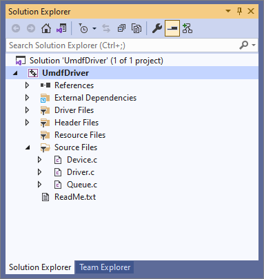 Schermafbeelding van Solution Explorer met de bestanden in het stuurprogrammaproject.