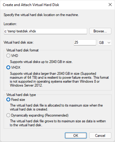 Schermopname van het maken en koppelen van virtuele harde schijf voor Windows Hyper-V.