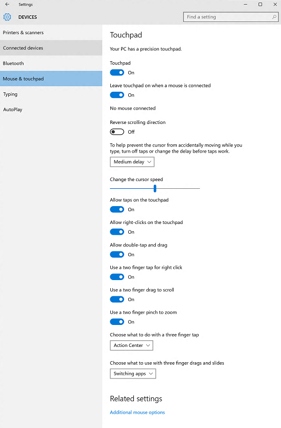 windows precision touchpad-instellingen