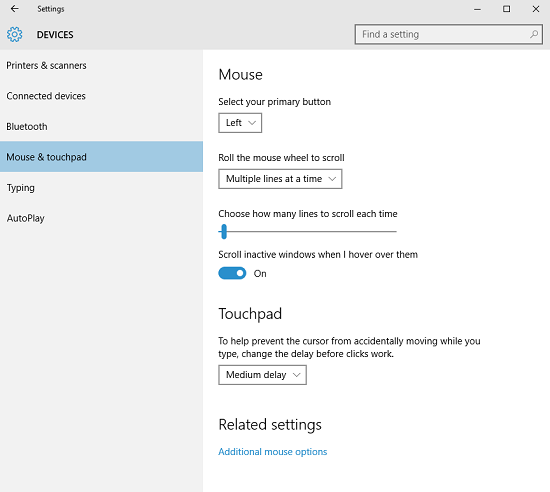 standaard touchpad-instellingen
