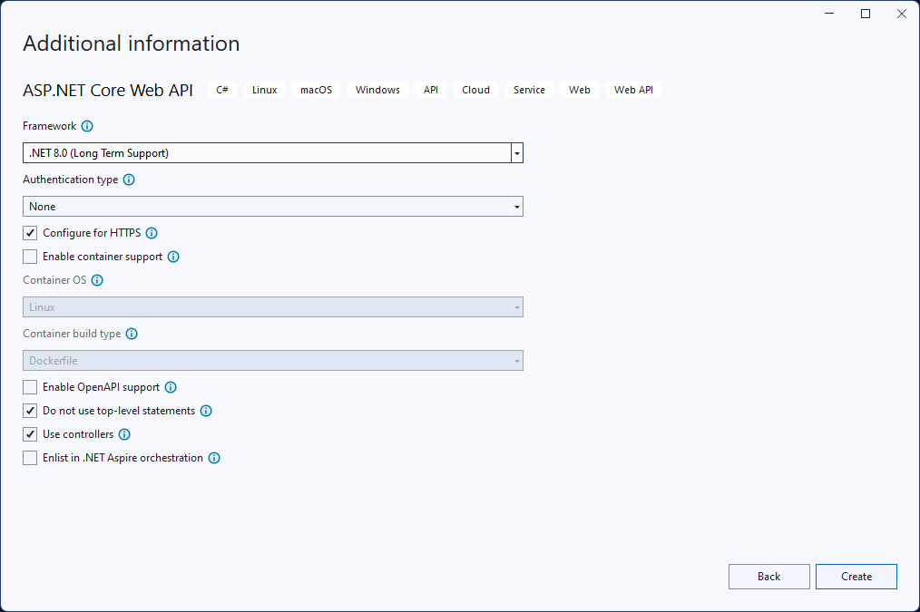 Een schermopname van de Visual Studio-details voor het maken van een nieuw ASP.NET Core web-API-project