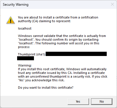 Een schermafbeelding van een Windows-dialoogvenster waarin de gebruiker wordt gevraagd of hij of zij een certificaat wil installeren