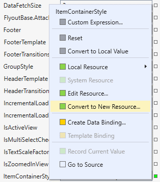 Menu eigenschappen van Visual Studio