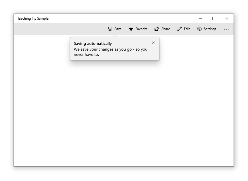 Een voorbeeld-app met een lestip die gericht is op de knop Opslaan. De titel van de tip leest 'Automatisch opslaan' en de ondertitel leest 'We slaan uw wijzigingen op terwijl u gaat - zodat u dat nooit hoeft te doen'. In de rechterbovenhoek van de lestip bevindt zich een knop sluiten.