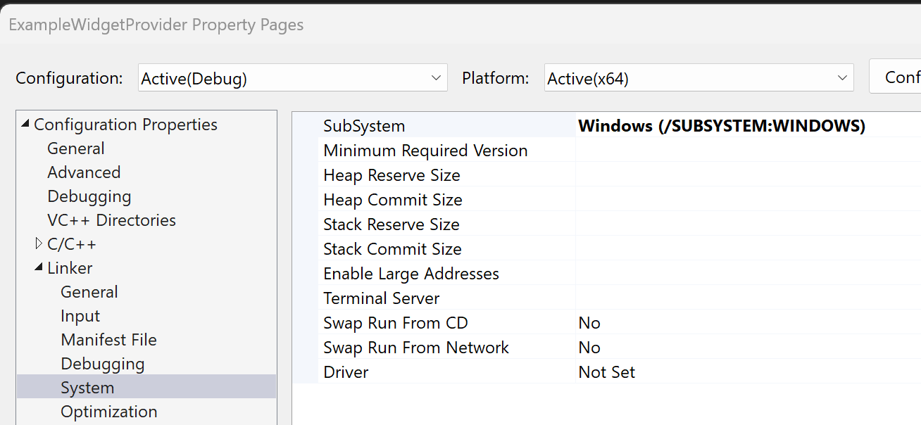 A schermopname van de projecteigenschappen van de C++-widgetprovider met het uitvoertype ingesteld op Windows Toepassing