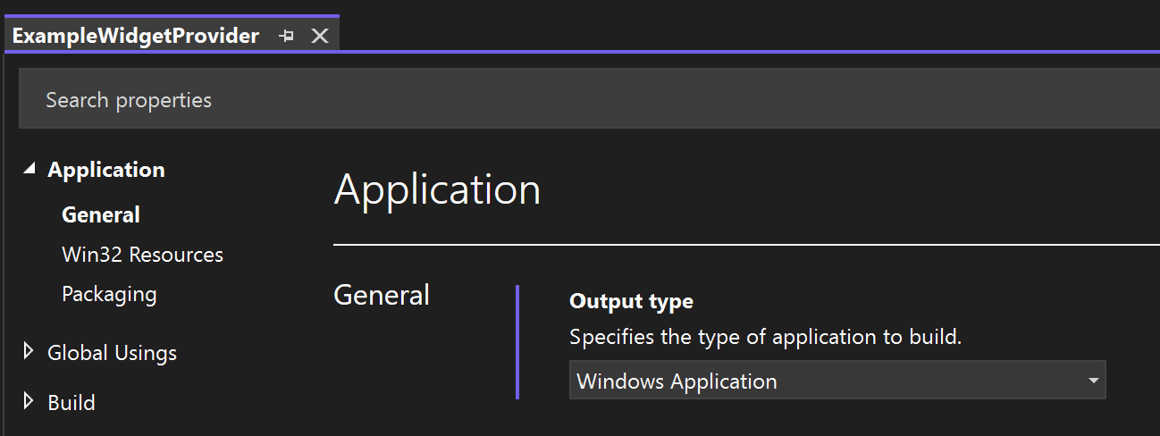A schermopname met de projecteigenschappen van de C#-widgetprovider met het uitvoertype ingesteld op Windows Toepassing