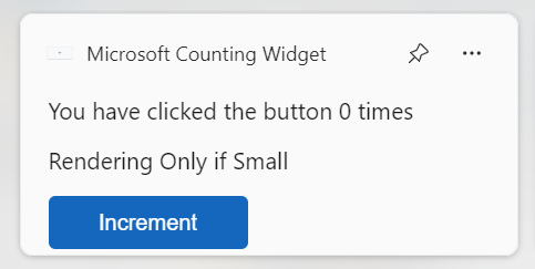 Een schermopname van een eenvoudige telwidget. De widget toont een tekenreeks met de numerieke waarde die moet worden verhoogd en een knop met het label 'Verhogen', evenals enkele diagnostische teksten die illustreren dat het sjabloon voor de kleine widget wordt weergegeven.