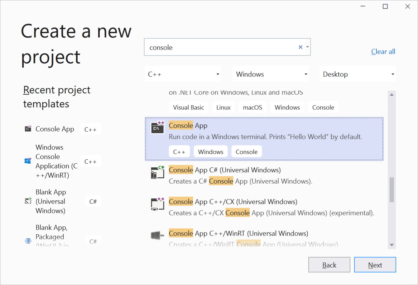Scherm van het maken van een nieuwe C++-app in Visual Studio