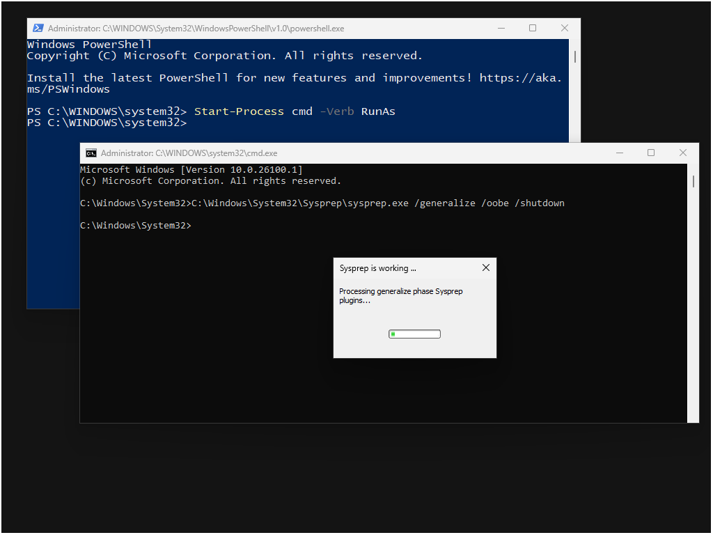 Schermopname van de sysprep-opdracht met Powershell als de standaardsysteemshell-