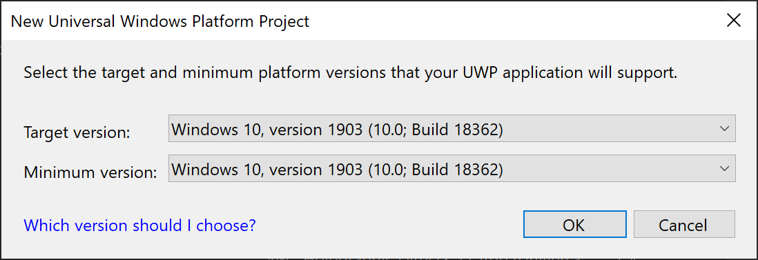 Schermopname van het instellen van Windows 10 versie 1903 als het doel en de minimumversies