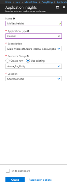 Schermopname van het venster Application Insights. Naam en toepassingstype zijn gemarkeerd.