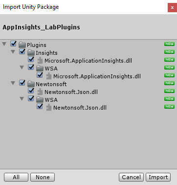 Schermopname van het dialoogvenster Import Unity Package met alle items die zijn ingeschakeld.