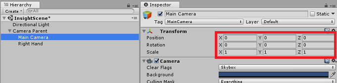 Schermopname van het deelvenster Hiërarchie met Hoofdcamera geselecteerd, Transformatie-instellingen zijn gemarkeerd in het deelvenster Inspector.