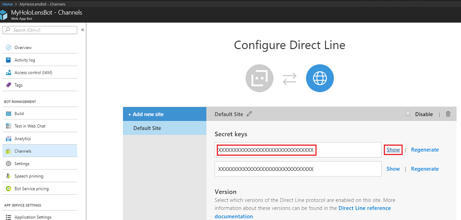 Schermopname van de geheime sleutels die zijn gemarkeerd in MyHoloLensBot Direct Line-kanaal configureren.