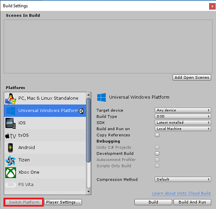Schermopname van het venster Build-instellingen met de knop 'Platform wisselen' gemarkeerd.